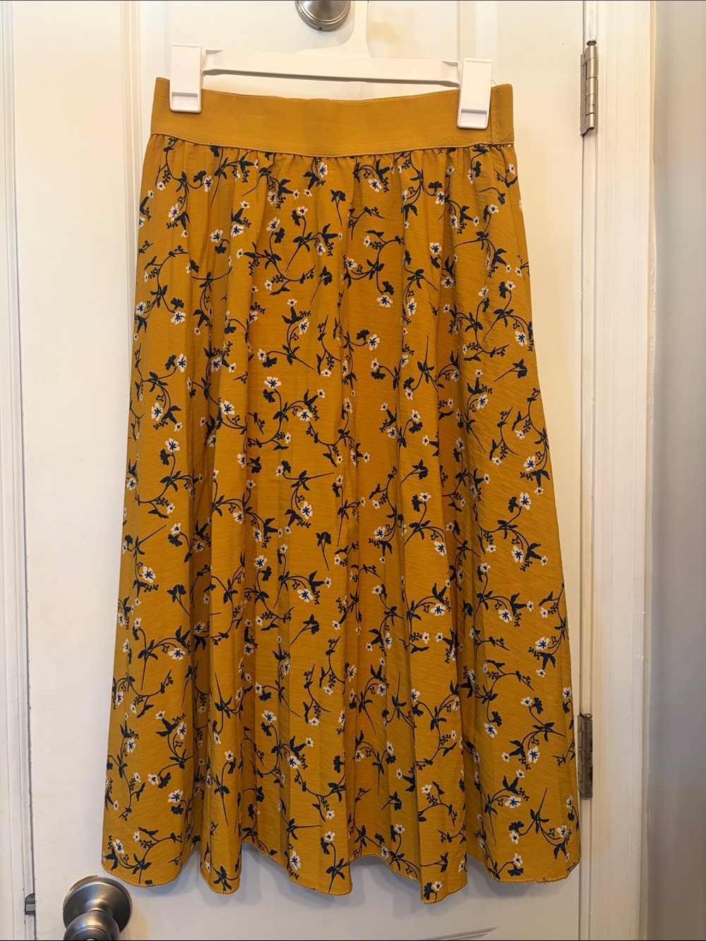Mustard Floral Midi Skirt with Elastic Waist